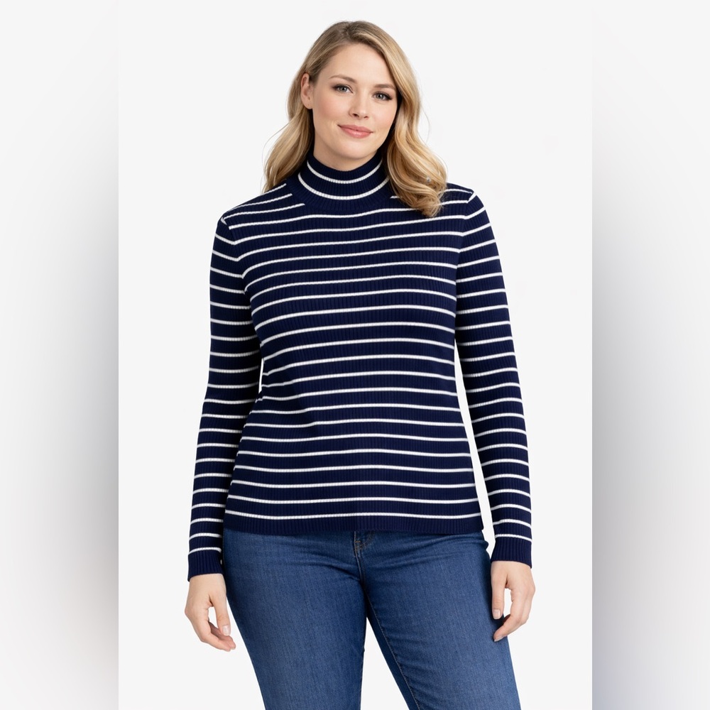L.L.Bean XL Navy White Stripe Turtleneck Women’s Sweater 100% Cotton